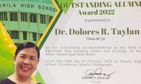 Dr. Dolores R. Taylan na ginawaran ng Outstanding Alumni Award 2022 ng Manila High School